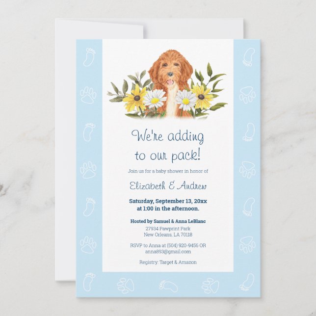 Blue Golden Doodle Dog Baby Shower Invitation (Front)