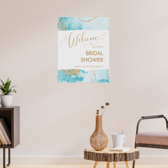Blue Golden Lake Watercolor Bridal Shower Welcome Poster (Living Room 3)