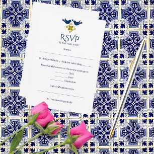 Blue & Golden Lovebirds Mexican Wedding RSVP Card