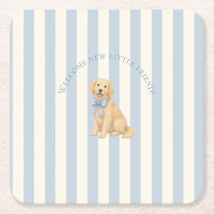 Blue Golden Retriever Baby Shower Square Paper Coaster