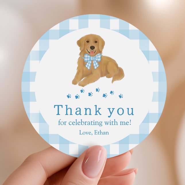 Blue Golden Retriever Birthday Thank You Favor Classic Round Sticker (Creator Uploaded)