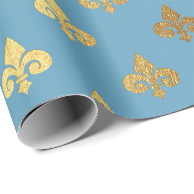 Blue Golden Royal Fior De Lise Ornament Heraldic Wrapping Paper (Roll Corner)