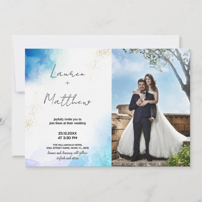 Blue Golden Wedding Invitations with photo (Front)