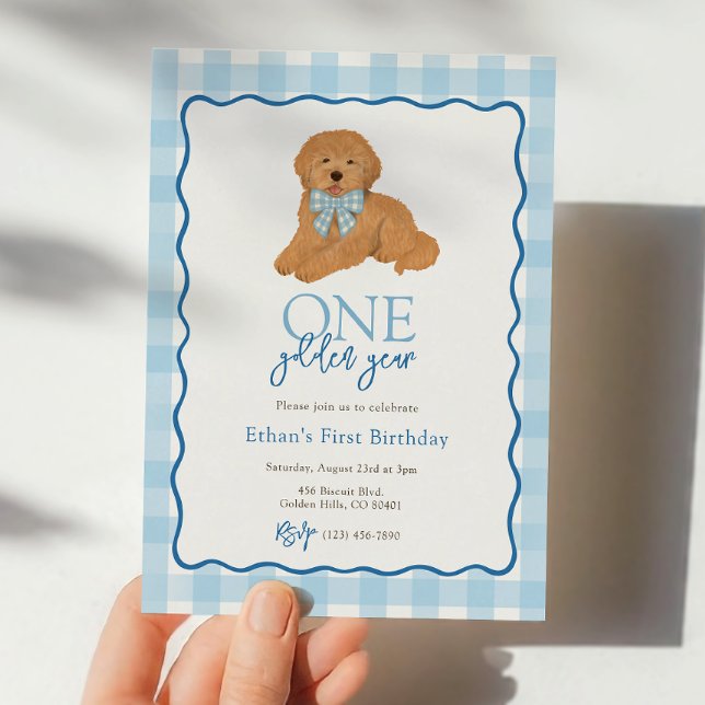 Blue Goldendoodle Dog Golden Year First Birthday Invitation (Creator Uploaded)