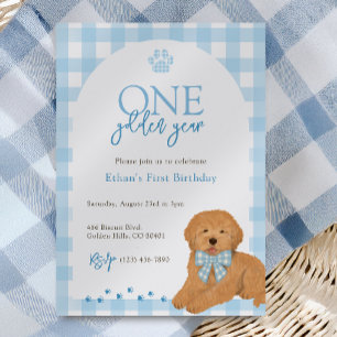 Blue Goldendoodle Dog One Golden Year Birthday Invitation