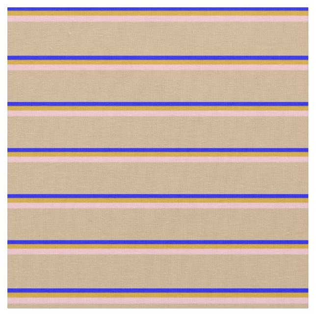 Blue, Goldenrod, Pink & Tan Pattern of Stripes Fabric (Close Up)