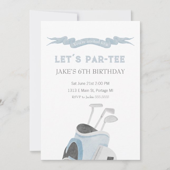 Blue golf birthday partee invitation  (Front)