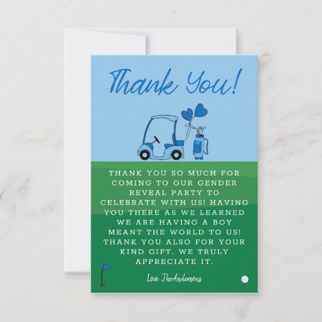 Blue Golf Gender Reveal Party  Thank You Card (Front)