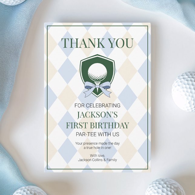Blue Golf Modern Hole In One Boys 1st Birthday Thank You Card (Blue Golf Modern Hole In One Boys 1st Birthday Thank You Card)