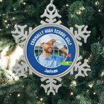 Blue Golfer Photo High School Golf Team Snowflake Pewter Christmas Ornament<br><div class="desc">This cool customized high school golf team photo gift features white typography of your golfer name on a blue Christmas ornament with a cute golfing icon. Personalize with your student's photograph and class year as a proud sports parent.</div>
