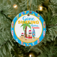 Blue Gone Surfing Santa Round Ceramic Ornament