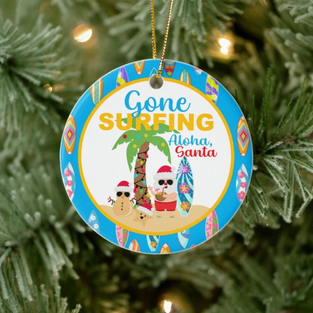 Blue Gone Surfing Santa Round Ceramic Ornament (Tree)
