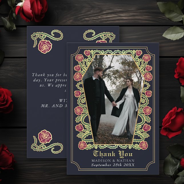Blue Gothic Coffin Rose Wedding Thank You Card (Creator Uploaded)