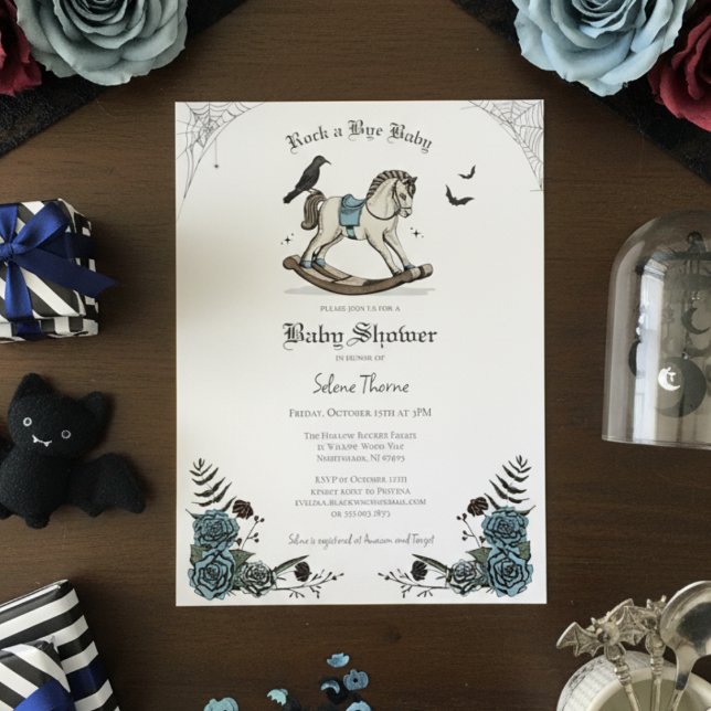 Blue Gothic Floral Rocking Horse Baby Shower Invitation (Cute Gothic Halloween Baby Shower Invitation. Rocking Horse & Roses Vintage Rock a Bye Baby Shower)