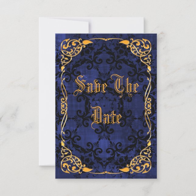 Blue Gothic & Gold Framed 18th Save The Date (Front)