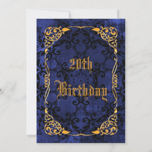 Blue Gothic & Gold Framed 20th Birthday Invitation