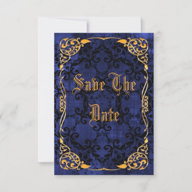 Blue Gothic & Gold Framed 21st Save The Date (Front)