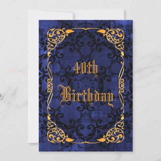 Blue Gothic & Gold Framed 40th Birthday Invitation (Front)