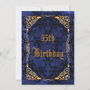 Blue Gothic & Gold Framed 55th Birthday Invitation