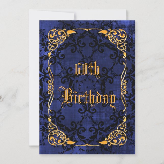 Blue Gothic & Gold Framed 60th Birthday Invitation (Front)