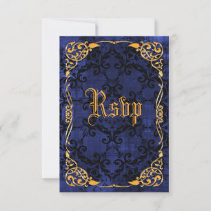 Blue Gothic & Gold Framed Birthday RSVP Card
