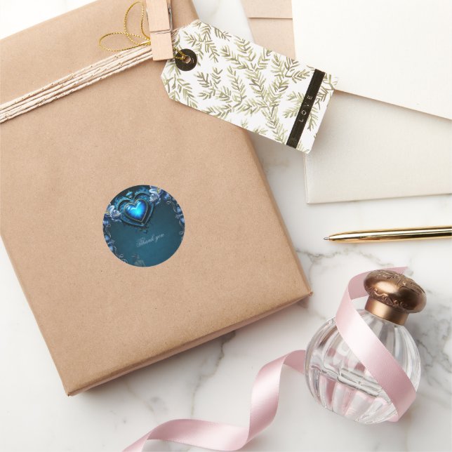 Blue gothic heart surrounded by magical flowers classic round sticker (Gifting)