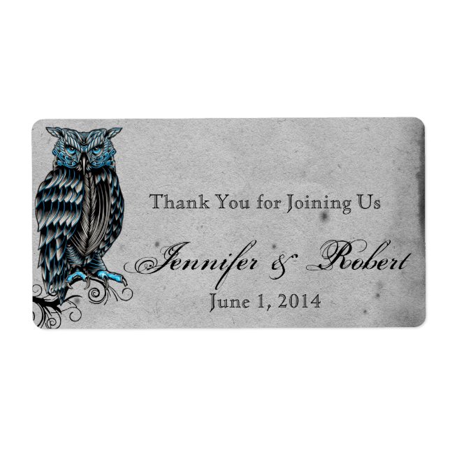 Blue Gothic Owl Posh Water Bottle Label (Front)