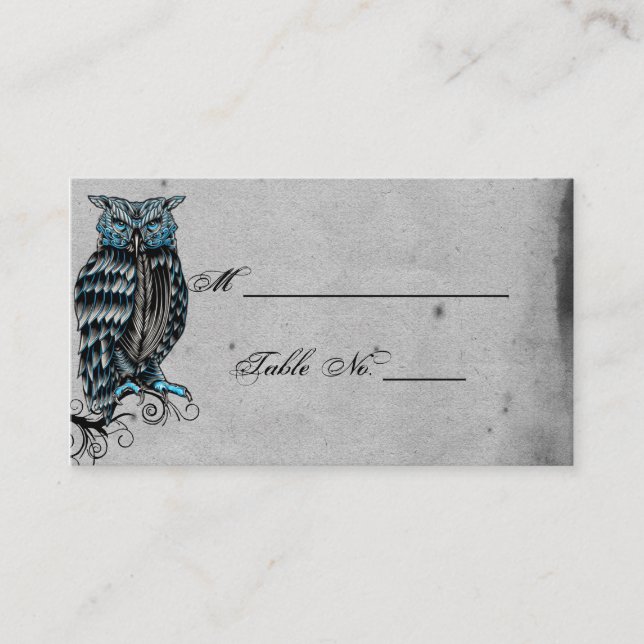 Blue Gothic Owl Posh Wedding Place Cards (Front)