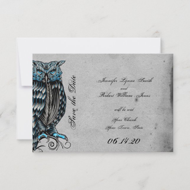 Blue Gothic Owl Posh Wedding Save the Date (Front)