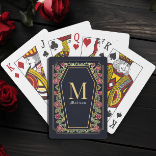 Blue Gothic Thorn Rose Coffin Monogram Poker Cards