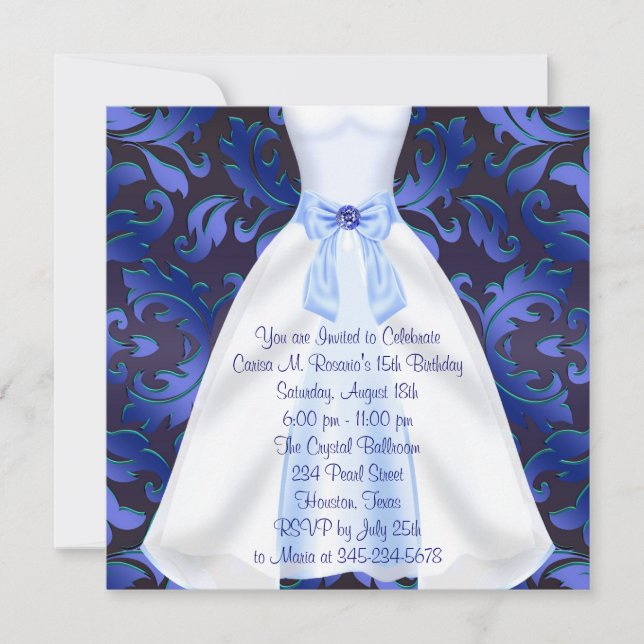 Blue Gown Blue Damask Quinceanera Birthday Party Invitation (Front)