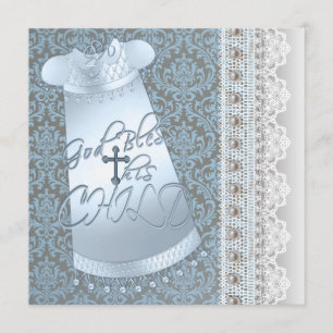 Blue Gown Brown Blue Damask Baby Boy Christening Invitation