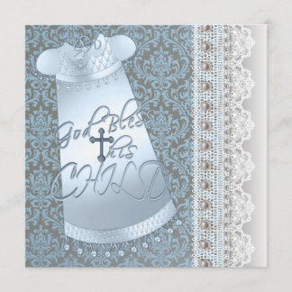 Blue Gown Brown Blue Damask Baby Boy Christening Invitation