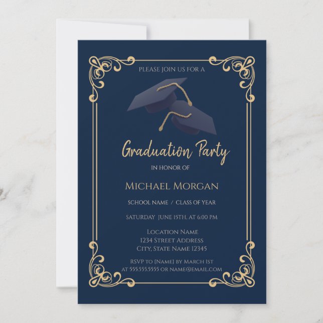 Blue Grad Cap Frame Navy Blue Graduation Invitation (Front)