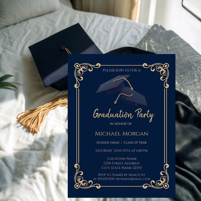 Blue Grad Cap Frame Navy Blue Graduation Invitation (Creator Uploaded)