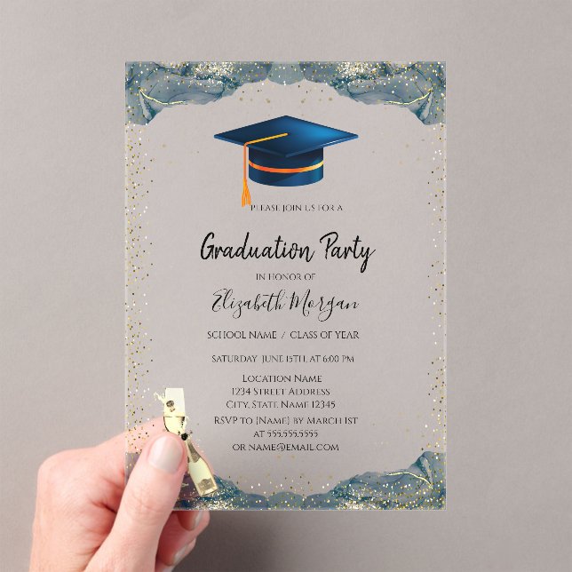 Blue Grad Cap,Wine Glass Confetti Graduation Acrylic Invitations (Insitu (Handheld))