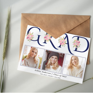 Blue GRAD typography pink roses photo graduation Announcement