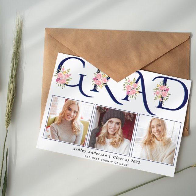 Blue GRAD typography pink roses photo graduation Announcement (Creator Uploaded)