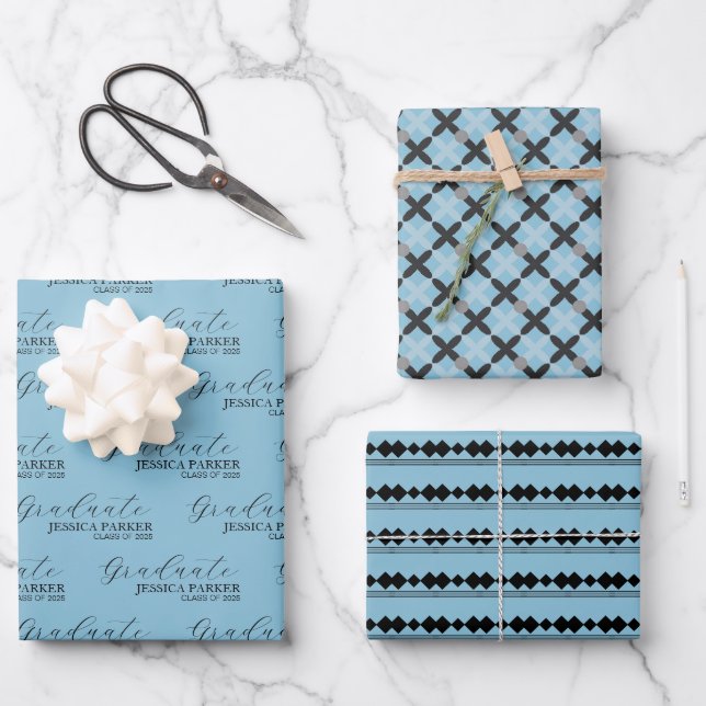 Blue Grad Typography Script Modern Wrapping Paper Sheet (Front)