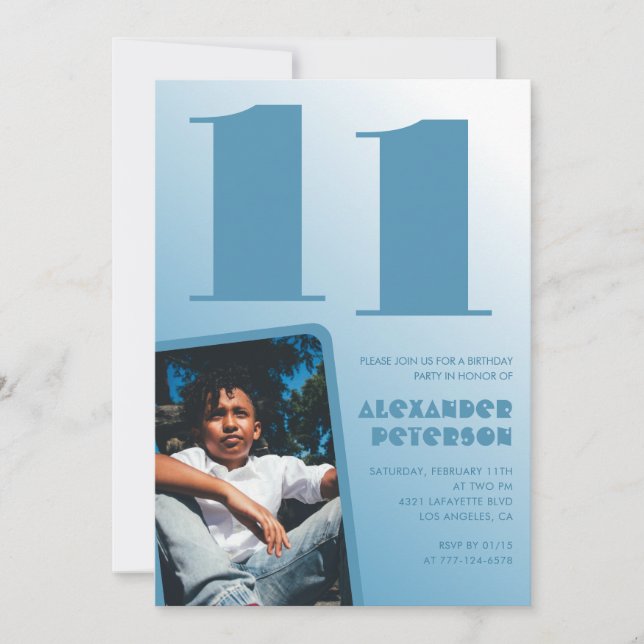 Blue gradient 11th birthday invitations Boy Photo (Front)