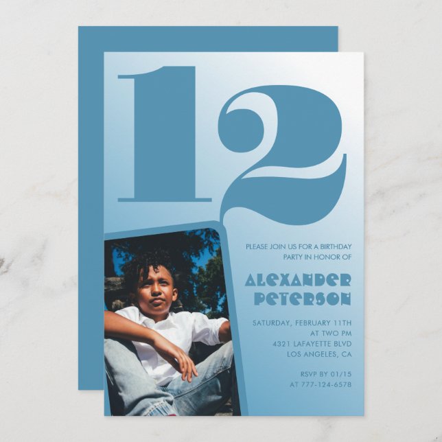 Blue gradient 12th birthday invitations Boy Photo (Front/Back)