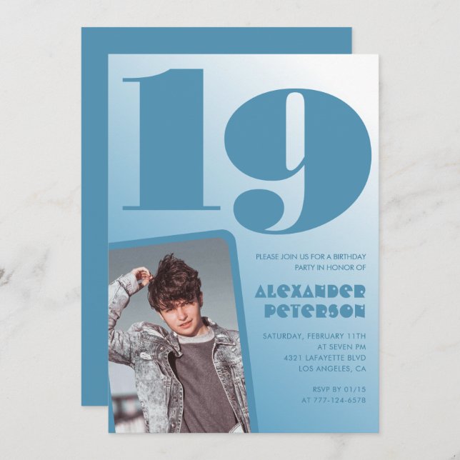 Blue gradient 19th birthday invitations Boy Photo (Front/Back)