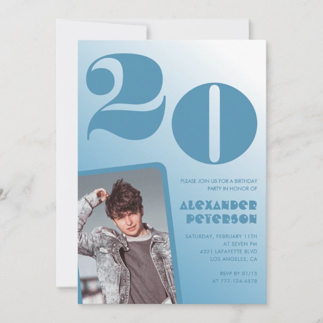 Blue gradient 20th birthday invitations Boy Photo (Front)