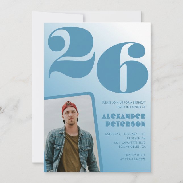 Blue gradient 26th birthday invitations Boy Photo (Front)