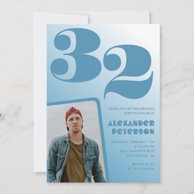 Blue gradient 32nd birthday invitations Boy Photo (Front)