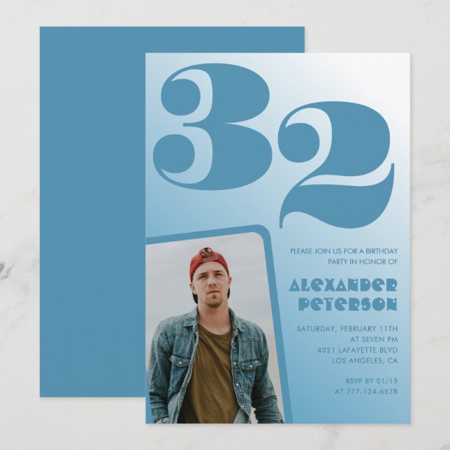Blue gradient 32nd birthday invitations Boy Photo (Front/Back)