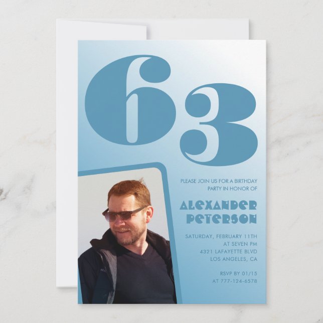 Blue gradient 63rd birthday invitations Men Photo (Front)