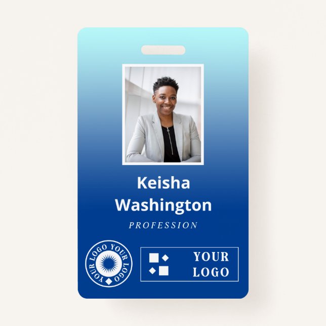 Blue Gradient Add Two Logos Employee ID ID Badge (Front)