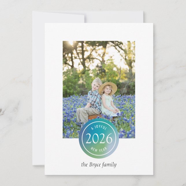 Blue Gradient Dot Joyful New Year Photo Holiday Card (Front)