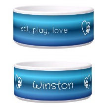 Blue Gradient Eat Play Love Custom Dog Name Bowl